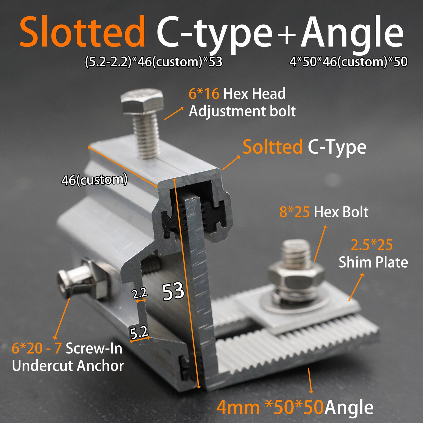 Slotted C-Type Undercut Anchor Bracket with M6 screw-in anchor