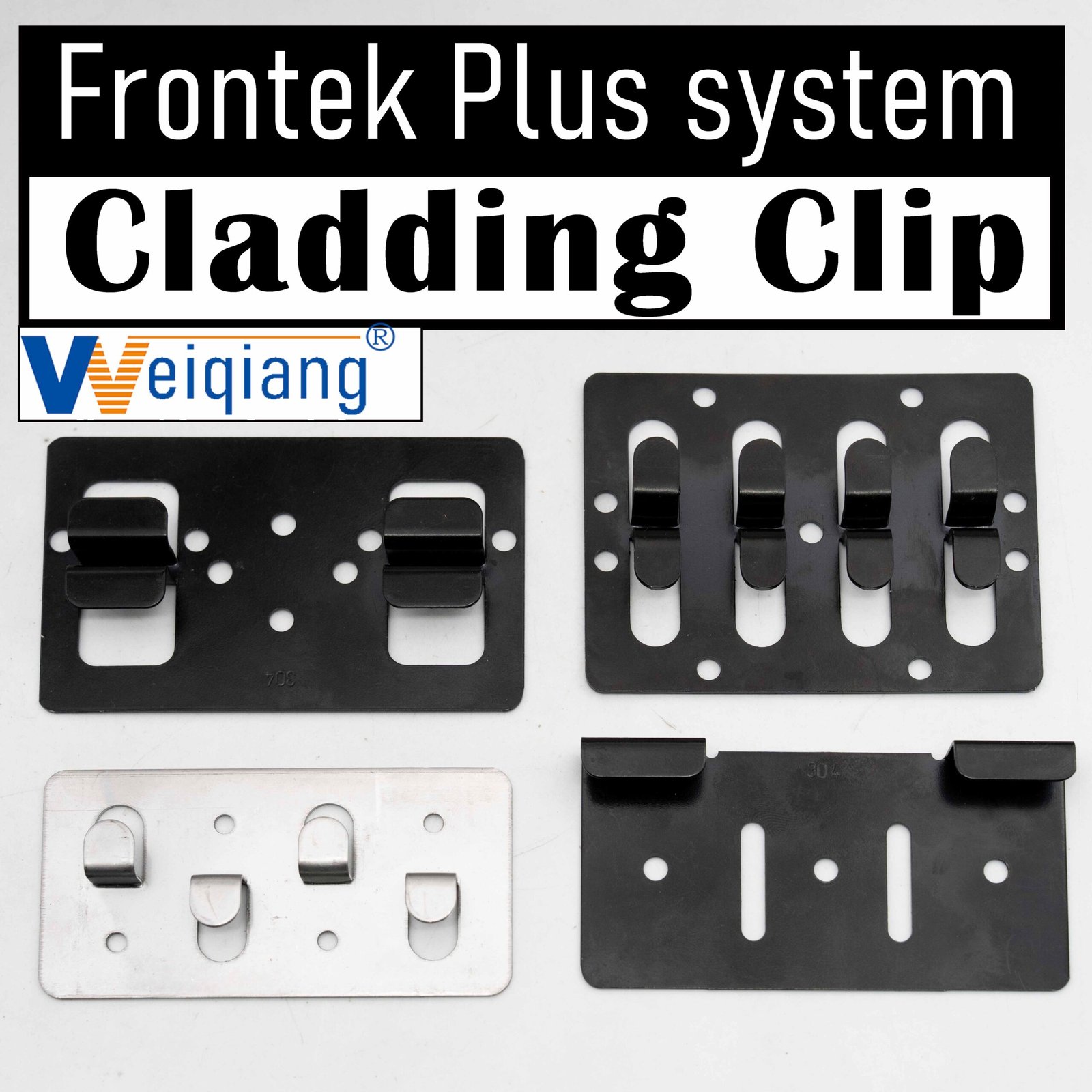 Frontek Plus System cladding clips — four types arranged in grid: Double, Vertical, Turning and Starter clips