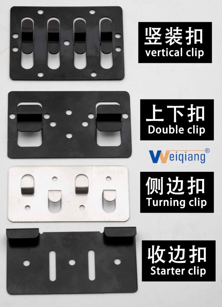 Frontek Plus System stainless steel cladding clips — Vertical, Double, Turning and Starter clips with dimensions labeled